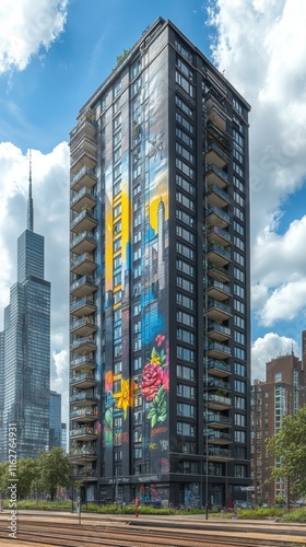 Edgy urban graffiti art Detailed murals covering entire building photo