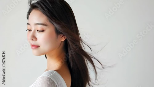 黒髪の綺麗な日本人女性の横顔の写真（ヘアケア・ロングヘア・縮毛矯正・ストレート・背景なし）