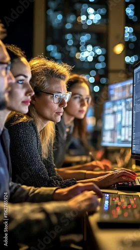 Group of professionals collaborating on programming tasks in a modern office at night