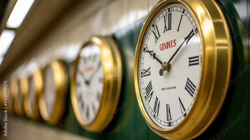 Gold-framed clocks on a wall, showing the passage of time.