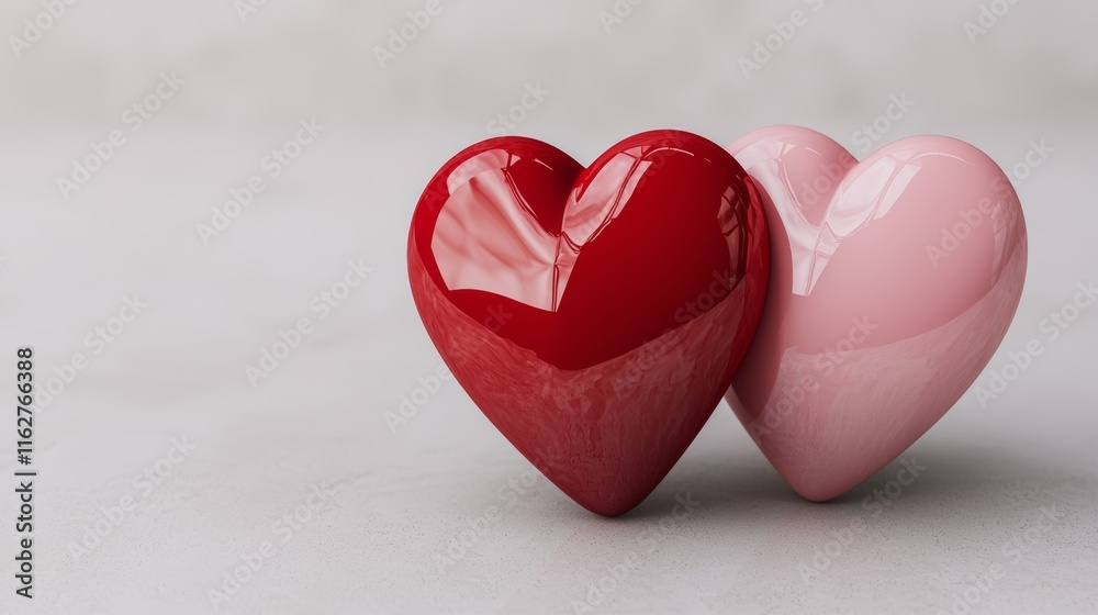 Fototapeta premium Valentine's Day Celebration with Two Glossy Red and Pink Hearts Romantic Decor Studio Setting Close-Up Perspective