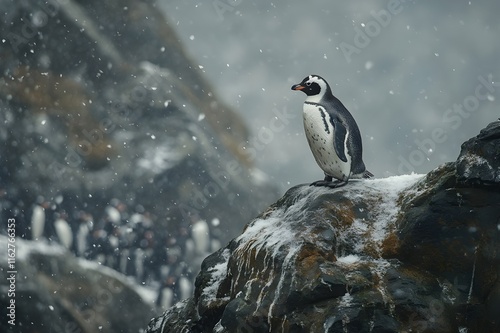 Penguins stand tall on a rocky cliff, overlooking the vast icy ocean, gazing into the distance with a serious expression photo