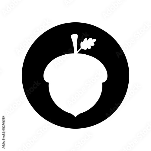 Black round shape with acorn and leaf silhouette vector icon illustration design on white background.