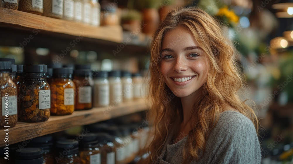 Smiling woman in a rustic shop with shelves of products