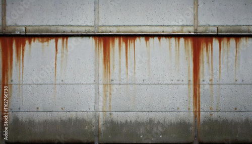 Rust stains streak down a weathered concrete wall. photo