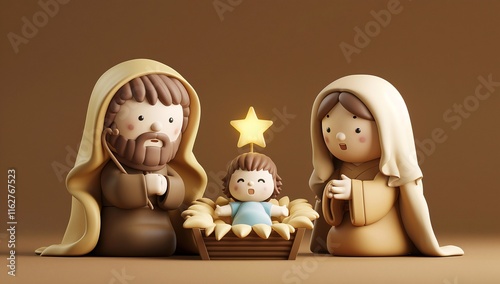 A heartwarming 3D rendering of the Holy Family, showcasing a tender moment of peace and serenity. The soft, earthy tones and charming style create a festive mood.