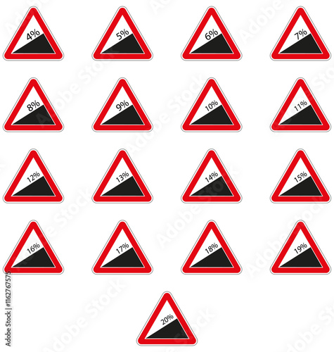 Collection of steep incline road signs displaying various percentage grades, informing drivers of upcoming challenging terrain