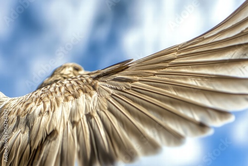 Bird wing in mid-flight against a blue sky showcases delicate feather details