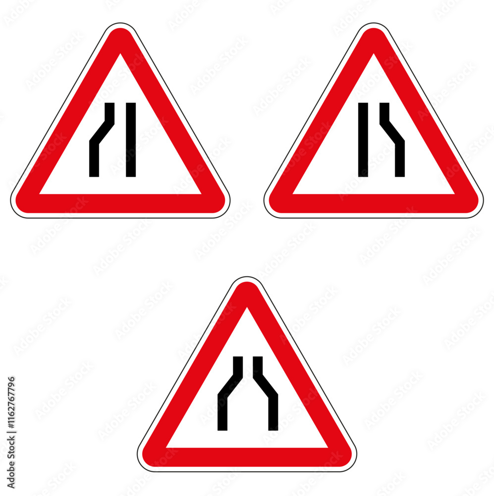 Set of triangular road narrowing signs indicating lane reduction isolated on white background Set of triangular road narrowing signs indicating lane reduction isolated on white background