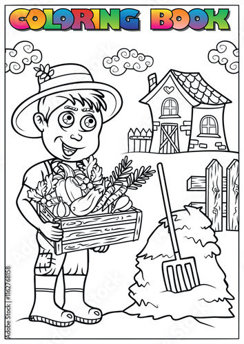 Black and white illustration of a young farmer carrying a crate full of fresh vegetables, near a haystack and a small house, designed as a coloring page