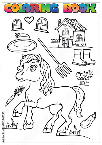 Adorable pony coloring page surrounded by farm-related elements, perfect for children's activity books