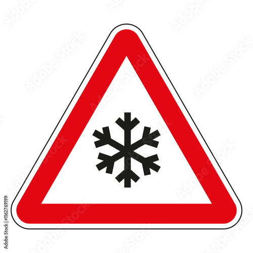 Red triangle road sign warning about ice or snow on the road, indicating dangerous driving conditions