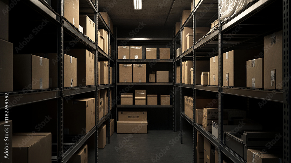 Fototapeta premium interior of a storage container with shelves of boxes
