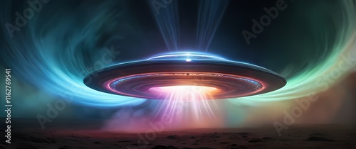 An artistic rendering of a flying saucer entering a swirling portal of colors hinting at interdimensional travel photo
