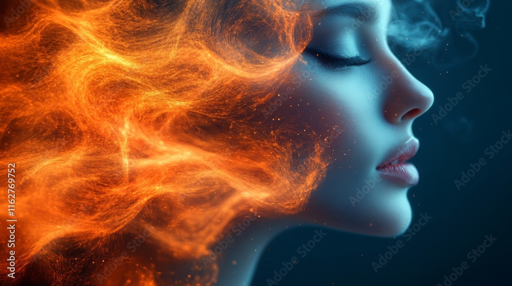 Surreal portrait of a woman surrounded by fiery flames
