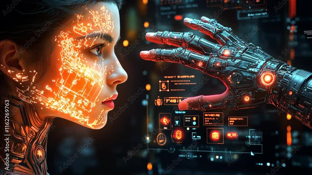 Futuristic woman with glowing facial circuitry and robotic hand reaching out, representing AI, human-machine interaction, and advanced technology in vivid orange and blue tones