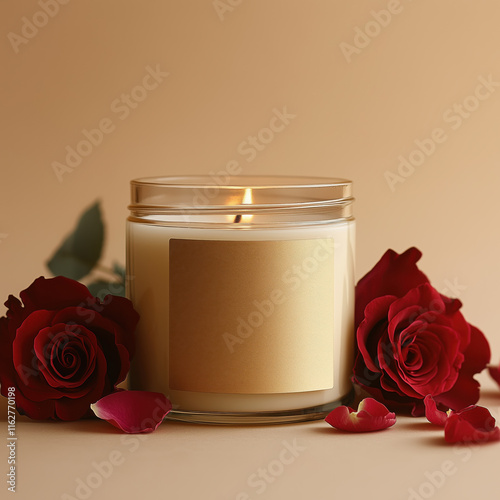 A candle in a glass jar with blank gold mockup label on the table decorated with red roses photo