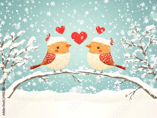 Romantic Pair of Birds Perched on Branch Facing Each Other with Heart Pattern Above, Soft Blue Sky Background, Gentle Lighting, Cute and Playful Cartoon Style Illustration