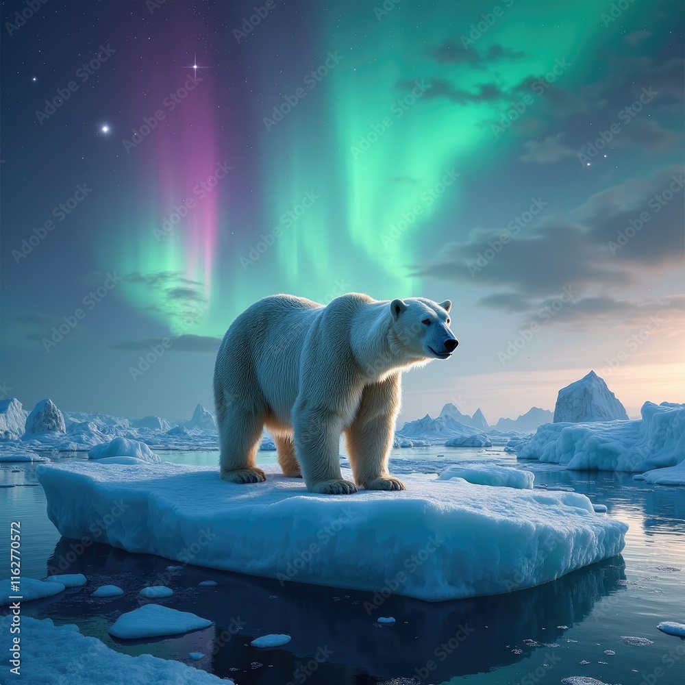 Polar bear standing on an ice floe under the northern lights in a breathtaking winter landscape
Polar bear standing on an ice floe under the northern lights in a breathtaking winter landscape