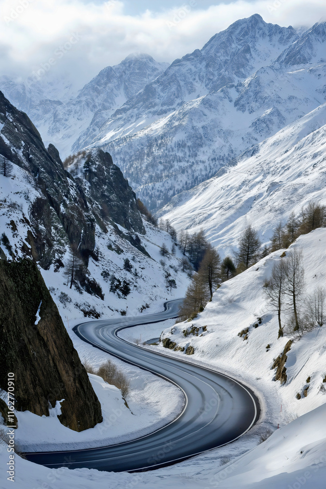 Obraz premium Winding winter road through snowy mountain landscape, scenic forest highway journey concept, frozen rural countryside scene