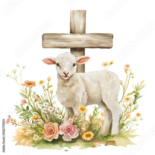Watercolor Easter lamb with cross design, Christian religious symbol artwork, holy celebration with floral elements illustration