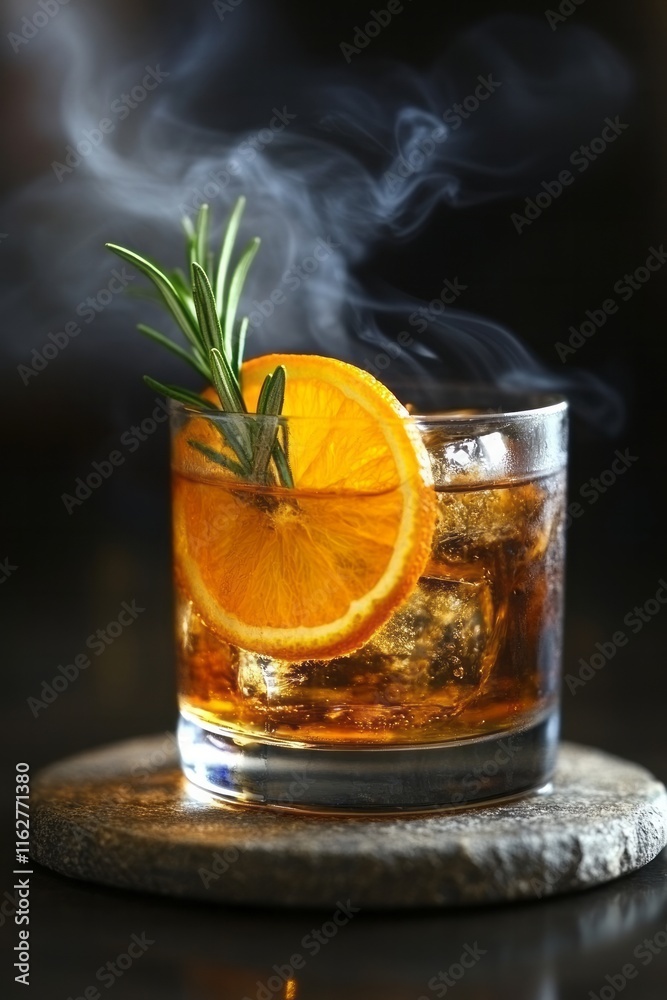 Crafting a sophisticated cocktail with smoky aromas and fresh citrus accents in a dimly lit bar setting