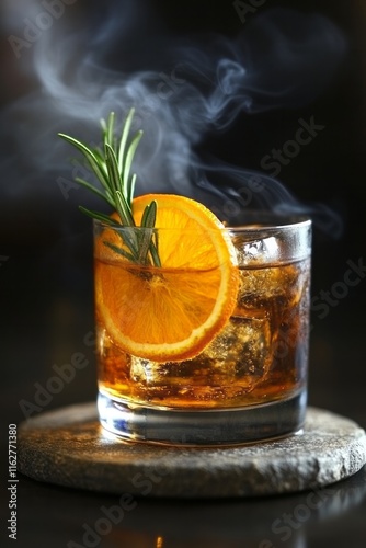 Obraz na płótnie Crafting a sophisticated cocktail with smoky aromas and fresh citrus accents in a dimly lit bar setting w salonie