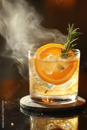 Obraz na płótnie Creating a delightful smoky citrus cocktail infused with a subtle hint of rosemary on an elegant bar countertop setting w salonie