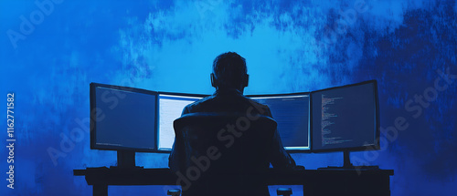 blue colors illustration with back of a man in headphones sitting in front of several monitors; concept of programmer, hacker, programming talent, creative process of creating software photo