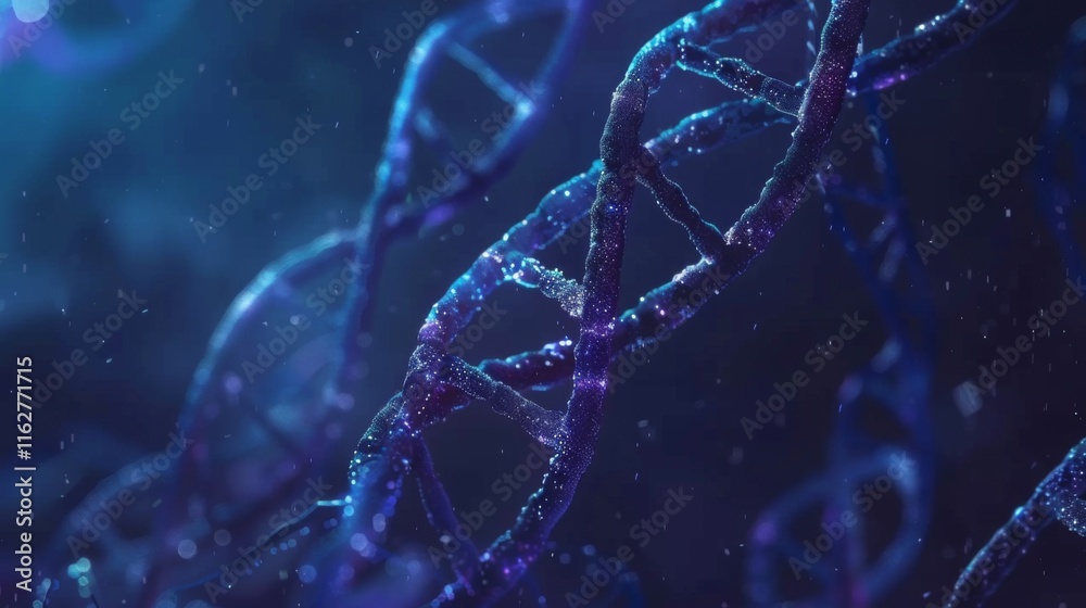 Blue and red particles dna helix glowing over dark blue background. Concept of genetics, science and medicine. Biotech. 3d rendering copy space toned image Blue and red particles dna helix glowing over dark blue background. Concept of genetics, science and medicine. Biotech. 3d rendering copy space toned image