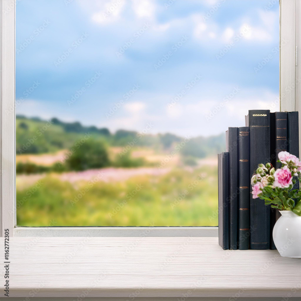 Fototapeta premium cream wood shelf by the window with a view of the flower garden with some flowers vase