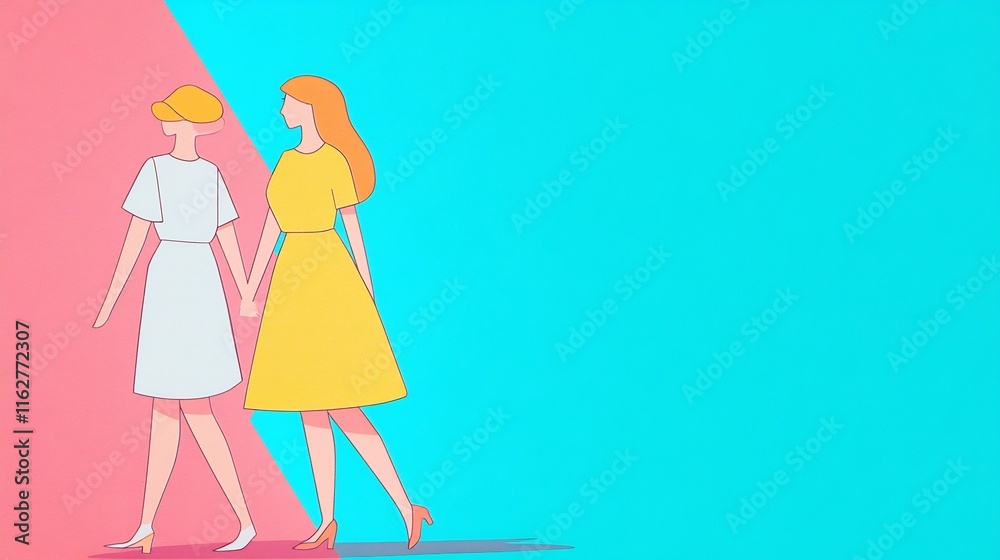 Stylishly Walking Women: Vibrant Digital Illustration in Minimalist Style. AI Generated Stylishly Walking Women: Vibrant Digital Illustration in Minimalist Style. AI Generated