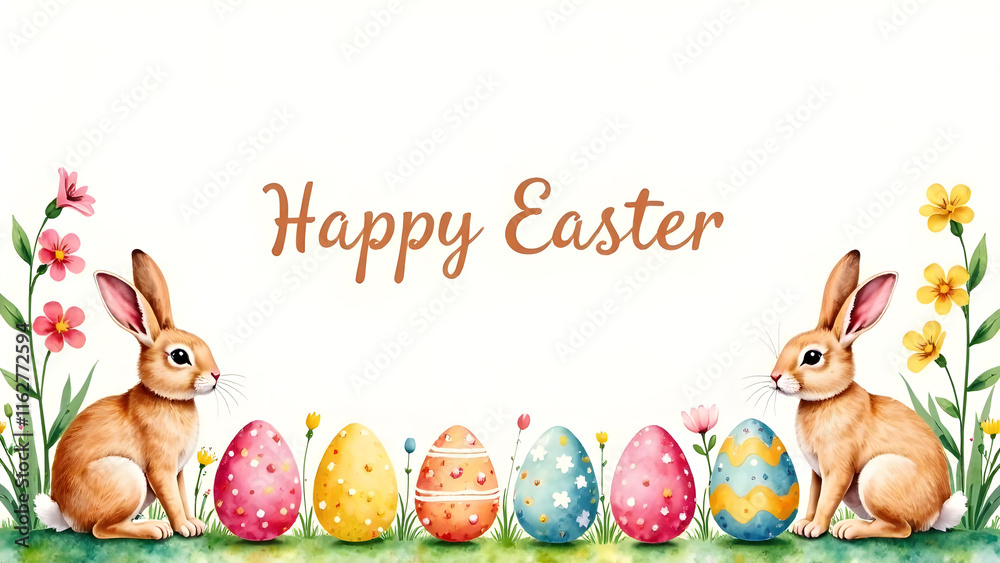 Easter decorations border with white Handwriting thin Letters Happy Easter over Easter background with bunnies, eggs and flowers