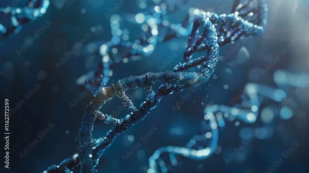 Blue and red particles dna helix glowing over dark blue background. Concept of genetics, science and medicine. Biotech. 3d rendering copy space toned image Blue and red particles dna helix glowing over dark blue background. Concept of genetics, science and medicine. Biotech. 3d rendering copy space toned image
