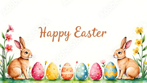 Obraz na płótnie Easter decorations border with white Handwriting thin Letters Happy Easter over Easter background with bunnies, eggs and flowers w salonie