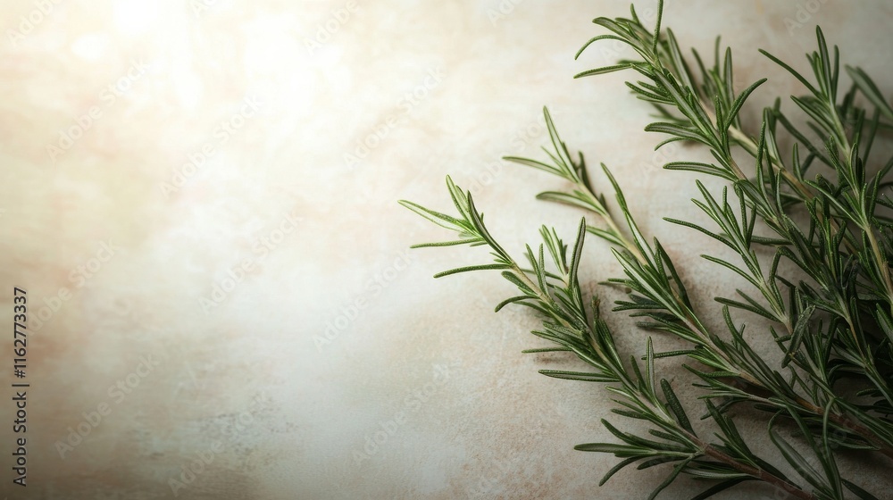 Fototapeta premium Vibrant rosemary sprigs are arranged elegantly on a soft, neutral background. The ample copy space allows for versatile design options, ideal for culinary or wellness themes