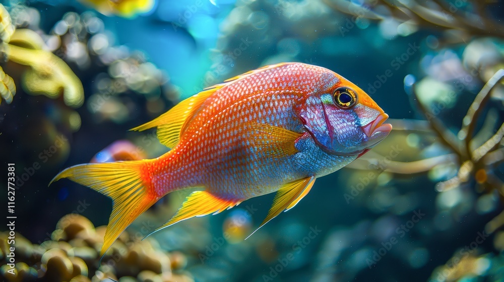 A vibrant fish swims gracefully through a colorful coral reef, showcasing its intricate patterns and vivid hues, This image is ideal for educational materials, marine conservation campaigns A vibrant fish swims gracefully through a colorful coral reef, showcasing its intricate patterns and vivid hues, This image is ideal for educational materials, marine conservation campaigns