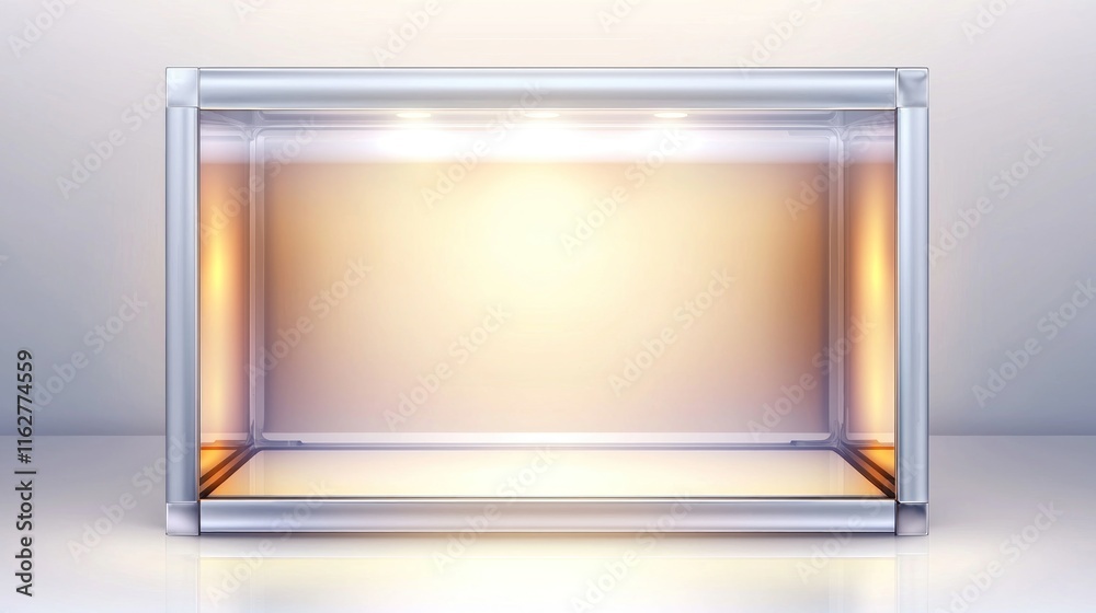 A clear display case with soft lighting, ideal for showcasing items. A clear display case with soft lighting, ideal for showcasing items.