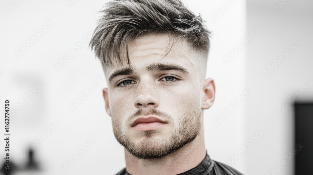 Obraz premium A close-up of a young man with stylish, textured hair and a well-groomed beard, set against a minimalistic backdrop, This image is ideal for showcasing men's grooming, hairstyles, or fashion trends,