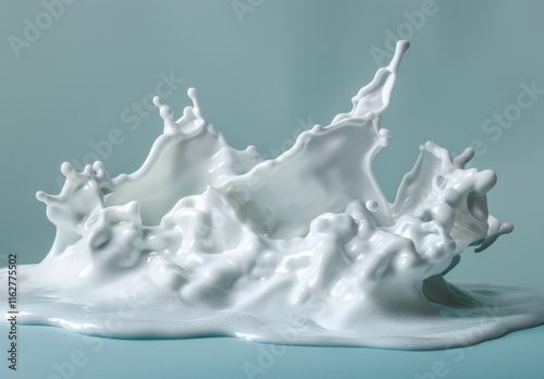 white milk or yogurt splash in wave shape isolated on blue background, 3d rendering Include clipping path. photo