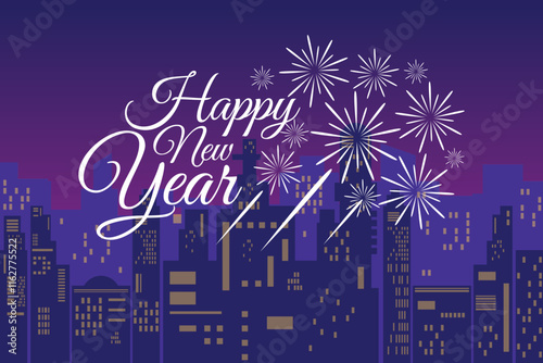 City vector illustration, night view in city with lettering of happy new year