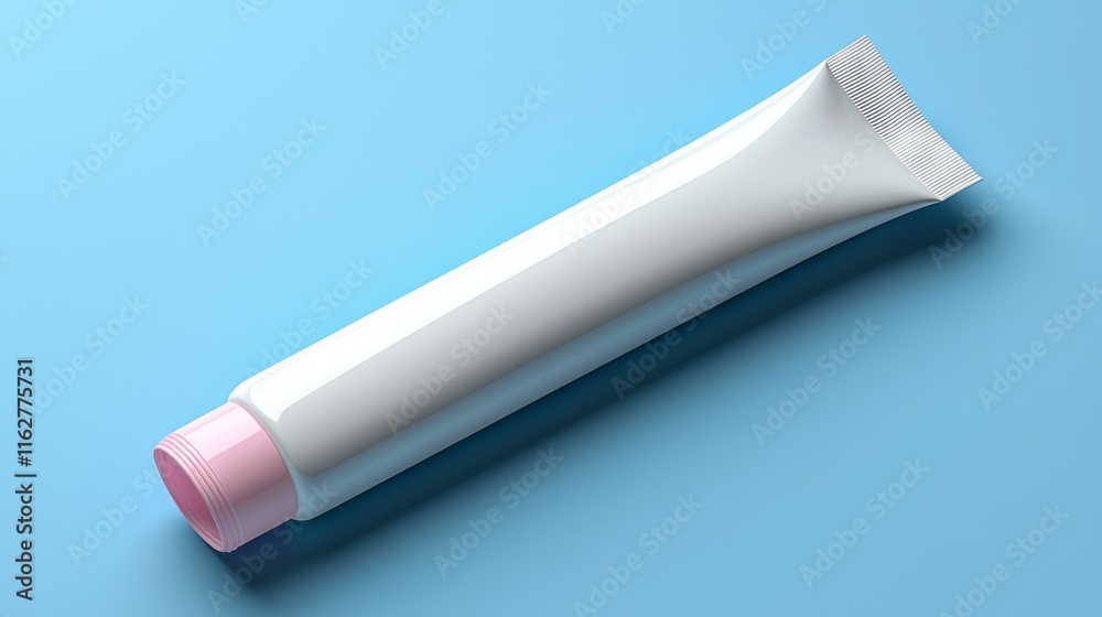 White tube with pink cap on light blue background. White tube with pink cap on light blue background.