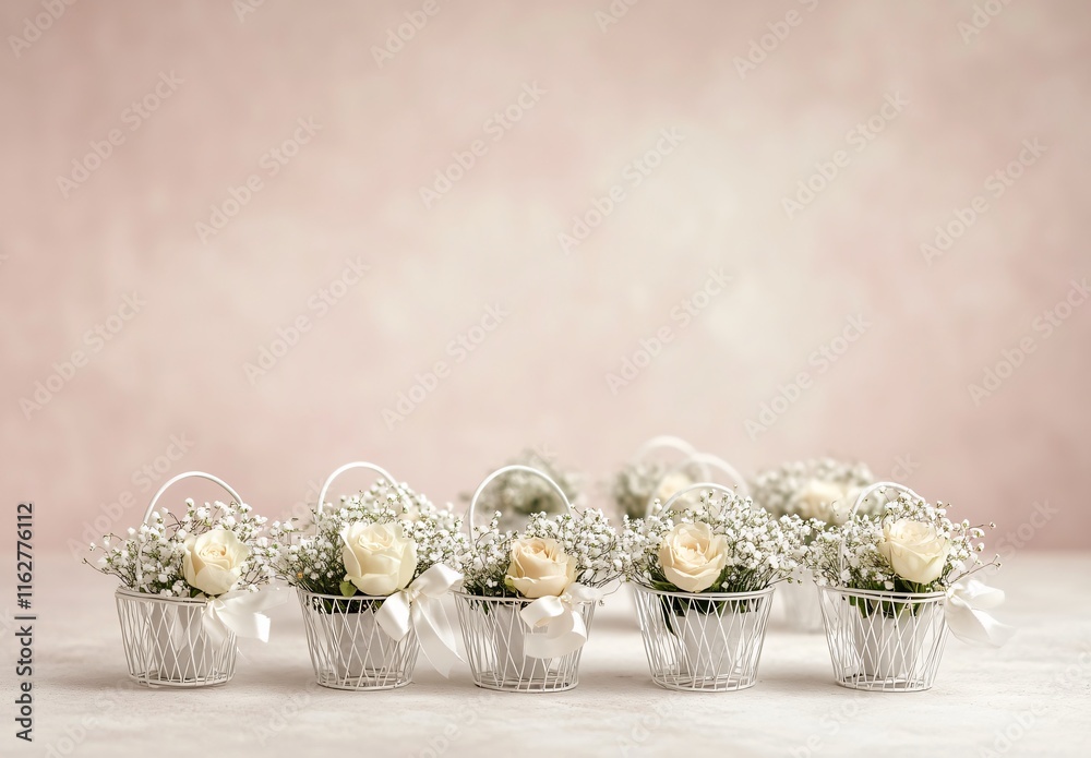 Fototapeta premium Elegant White Roses and Baby's Breath in Mini Baskets
