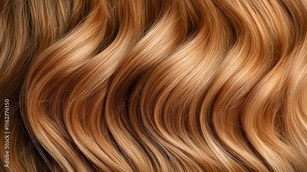 Naklejka premium Close-up of beautifully styled golden-brown wavy hair showcasing its texture and shine, ideal for beauty, haircare, or fashion promotions, Perfect for use in advertisements, blog posts