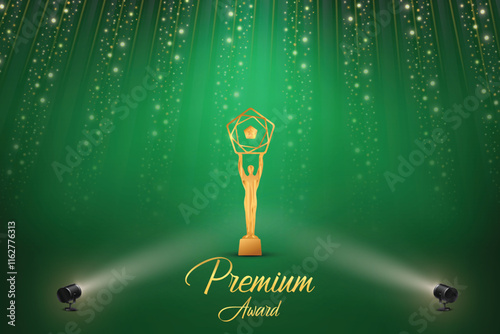 Premium Award With Cluster Of Lights On Green Background. Royal Ethnic Theme Concept Design Vector Illustration For Grand Music Concert, Movie, Party, Festival Celebration Element Etc.