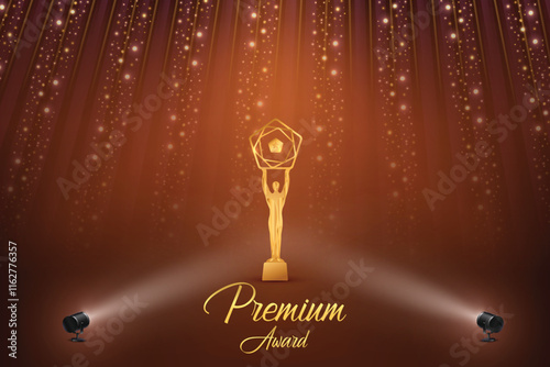 Premium Award With Cluster Of Lights On Brown Background. Royal Ethnic Theme Concept Design Vector Illustration For Grand Music Concert, Movie, Party, Festival Celebration Element Etc.