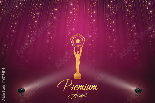 Premium Award With Cluster Of Lights On Pink Background. Royal Ethnic Theme Concept Design Vector Illustration For Grand Music Concert, Movie, Party, Festival Celebration Element Etc.