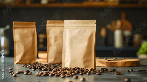 Premium coffee pouch mockup with zip lock, blank packaging template for roasted bean, realistic food container design, cafe product branding
