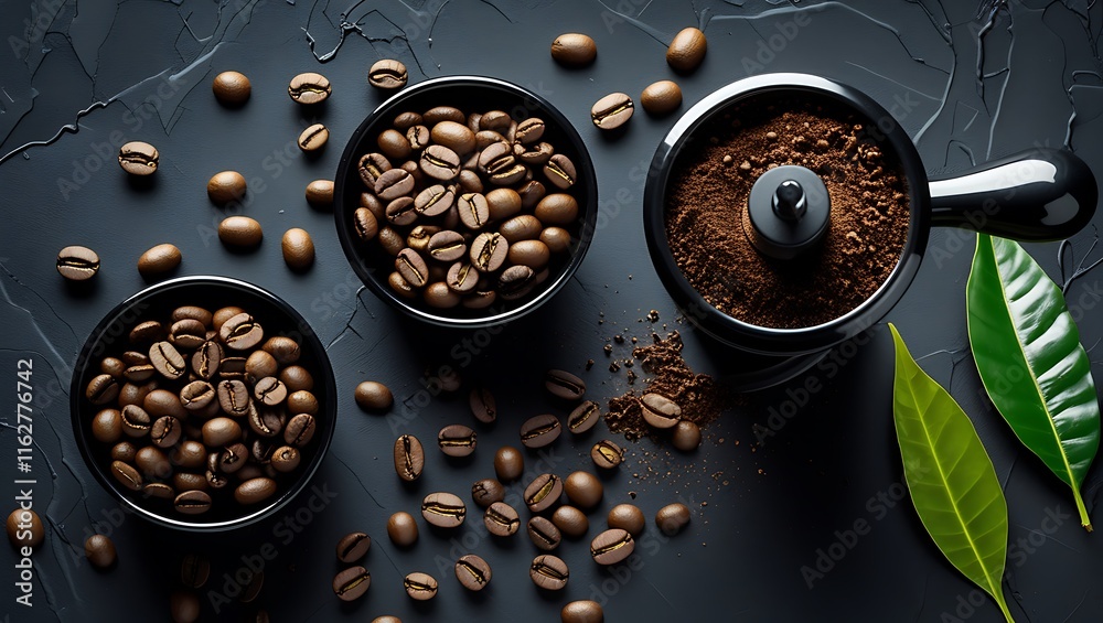 Coffee beans in a white bowl on a black background Coffee beans in a white bowl on a black background