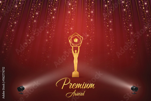 Premium Award With Cluster Of Lights On Red Background. Royal Ethnic Theme Concept Design Vector Illustration For Grand Music Concert, Movie, Party, Festival Celebration Element Etc.